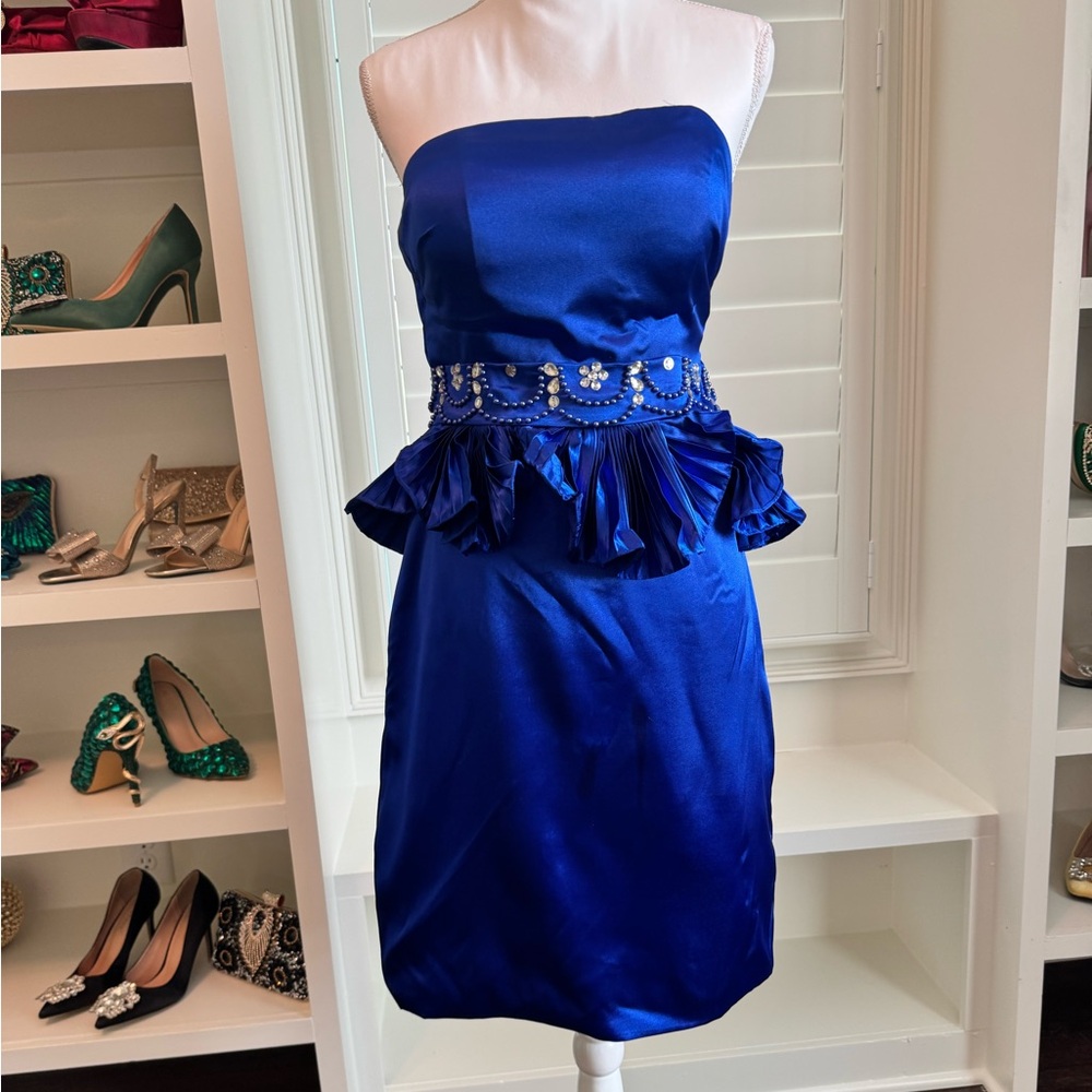 Royal Blue Strapless Satin Cocktail Dress with Embellished Waist – Size Medium
